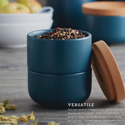 Ceramic and Cork 3 Piece Stackable Salt and Pepper Cellar For Countertop Space Saving, Easy Lift Lid to Retain Freshness, Natural Cork and Teal Ceramic