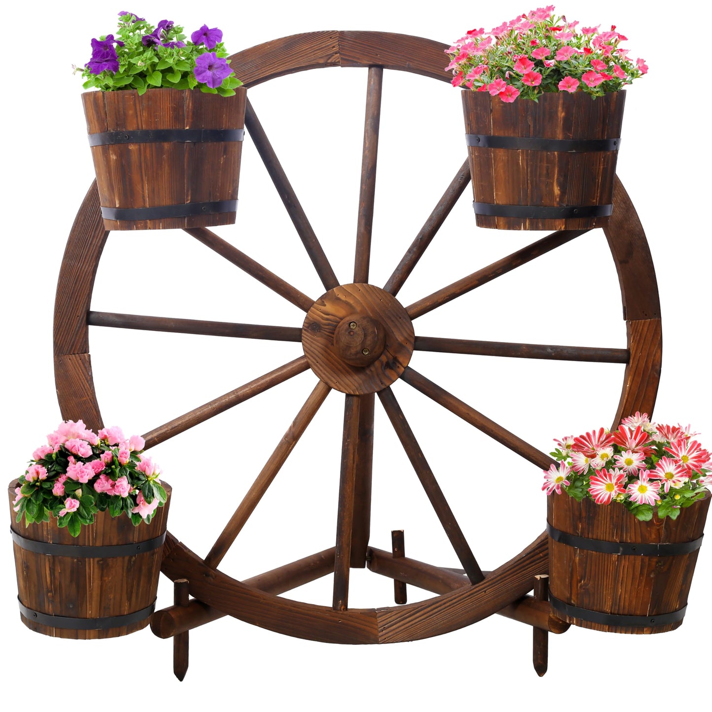 DRIFFY Wood Wagon Wheel Garden Planter - Wagon Wheel Barrel Planter Display for Indoor Decor Outdoor Patio Lawn Garden Backyard