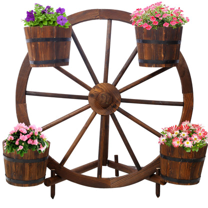 DRIFFY Wood Wagon Wheel Garden Planter - Wagon Wheel Barrel Planter Display for Indoor Decor Outdoor Patio Lawn Garden Backyard