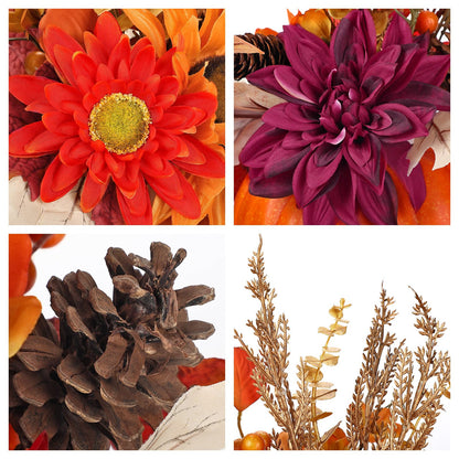 Arborus Artificial Pumpkin Fall Décor - Autumn Table Centerpieces with Red Faux Flowers, Maple Leaves, Sunflowers, Pumpkin – Halloween, Thanksgiving & Harvest Home Decoration