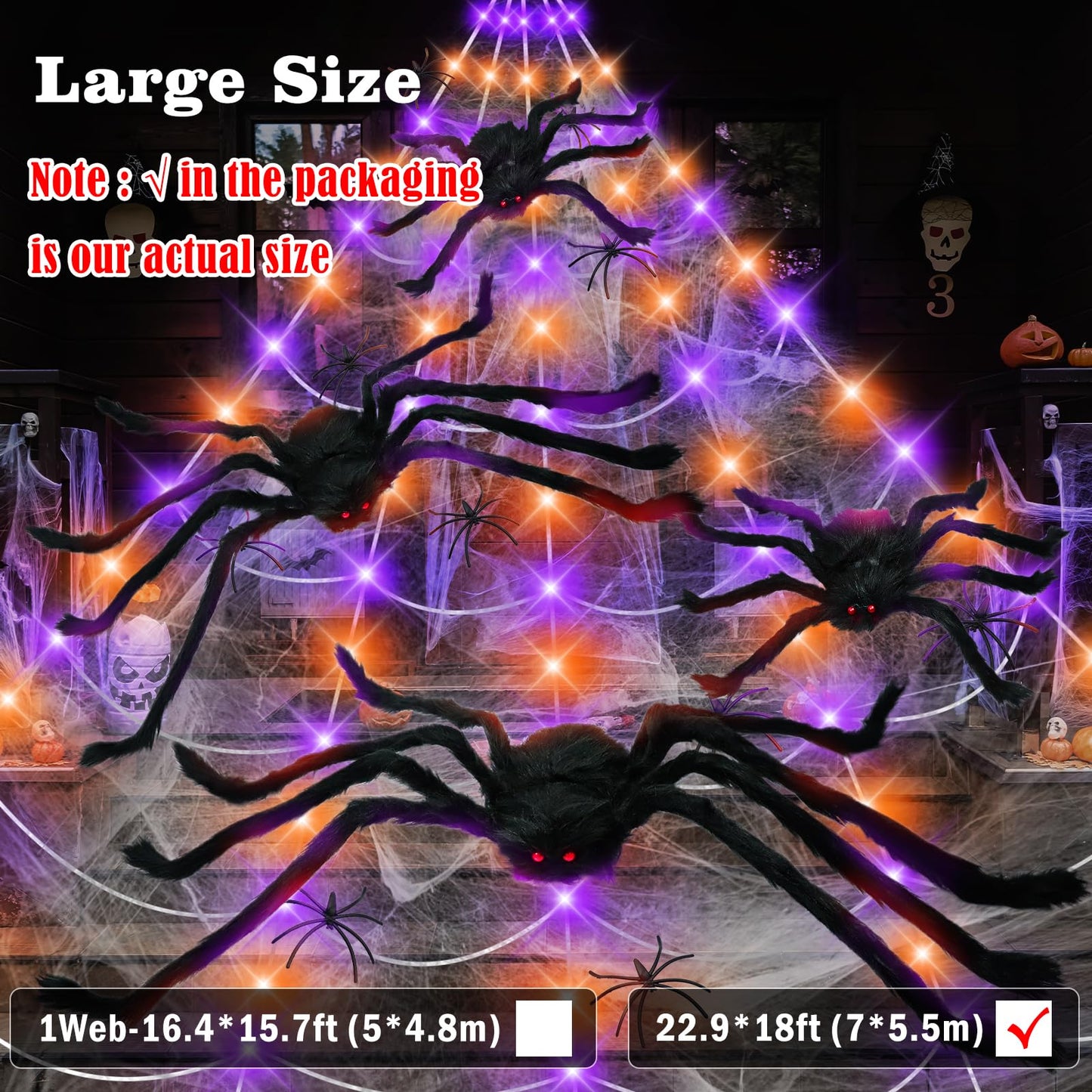 Kenburg 23Ft Light Up Spider Web Halloween Decorations Outdoor, 180 Orange and Purple LED Giant Web, 24 Spiders & 60g Stretch Cobweb Decor, 8 Modes Scary Lights for Outdoor Yard