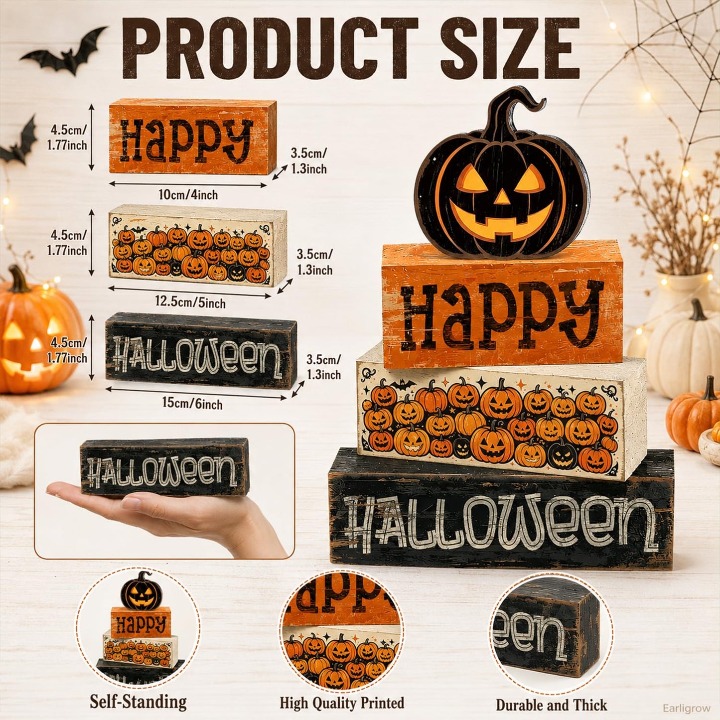 4 Pcs Halloween Tiered Tray Decor, Farmhouse Rustic Wooden Block Signs with Scary Jack-O-Lantern, Happy Halloween Pumpkin Tabletop Centerpiece for Home Kitchen Mantel Shelf