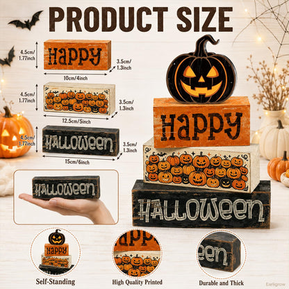 4 Pcs Halloween Tiered Tray Decor, Farmhouse Rustic Wooden Block Signs with Scary Jack-O-Lantern, Happy Halloween Pumpkin Tabletop Centerpiece for Home Kitchen Mantel Shelf