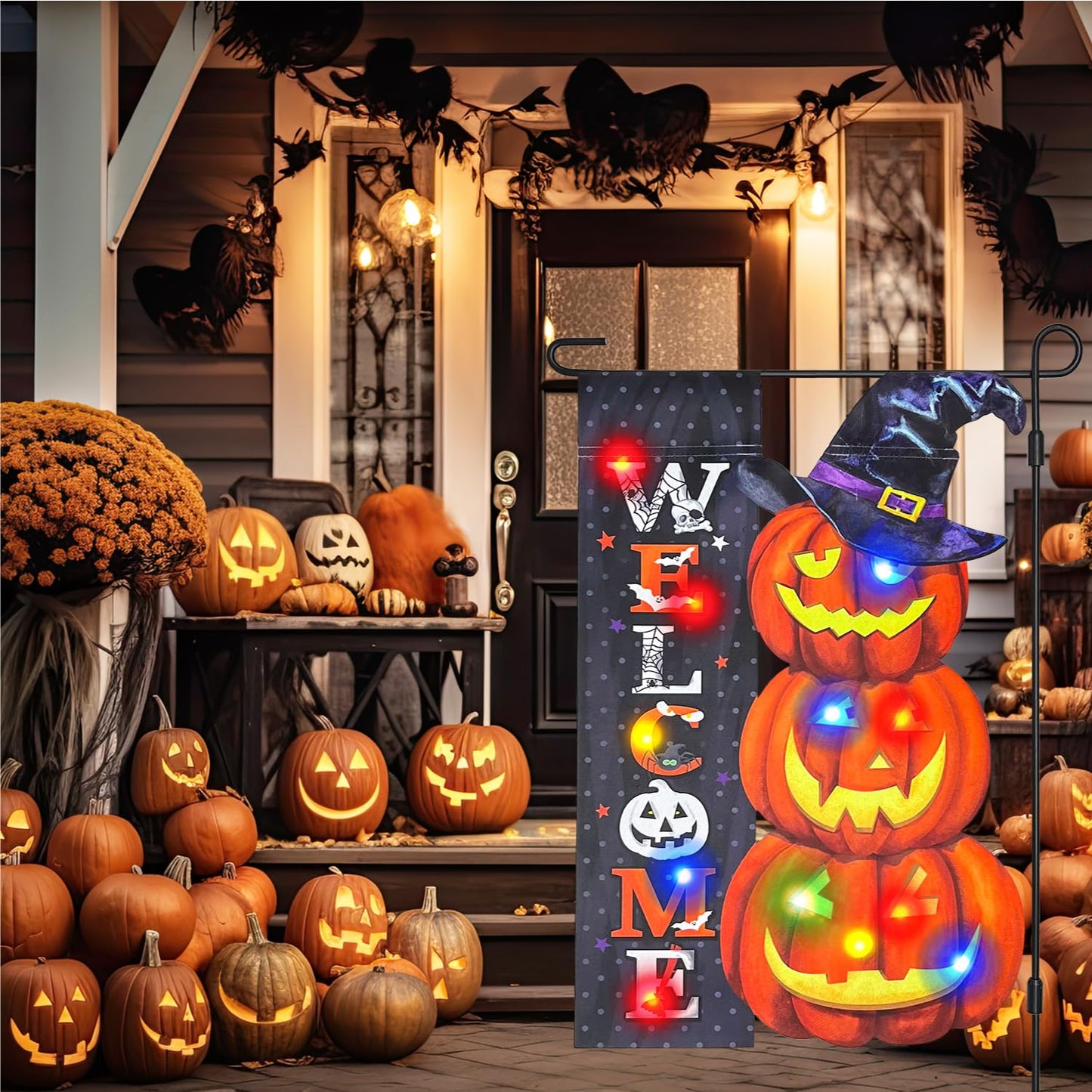 Vigor Home Halloween Lighted Garden Flag 12x18 Double Sided, Solar Outdoor Decor Yard Flags 8 Modes Led Jack-O-Lantern Welcome Halloween Pumpkins Decorations for Home Porch