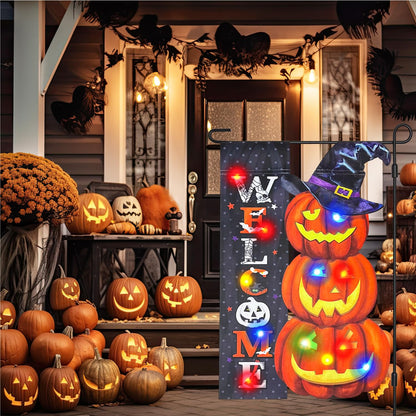 Vigor Home Halloween Lighted Garden Flag 12x18 Double Sided, Solar Outdoor Decor Yard Flags 8 Modes Led Jack-O-Lantern Welcome Halloween Pumpkins Decorations for Home Porch