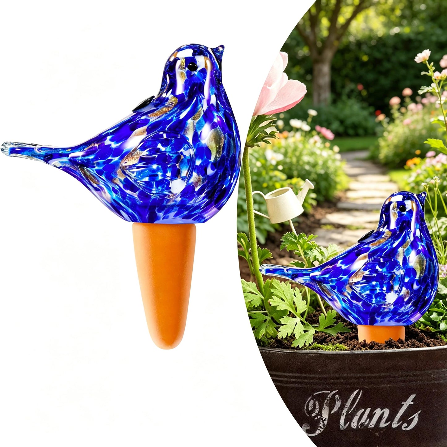 Plant Watering Globes, Bird Glass Self Watering Planter Insert - Glass Plant Water Globes for Daily Use, Planter Spikes to Support Indoor & Outdoor Plant Health, Dark Blue