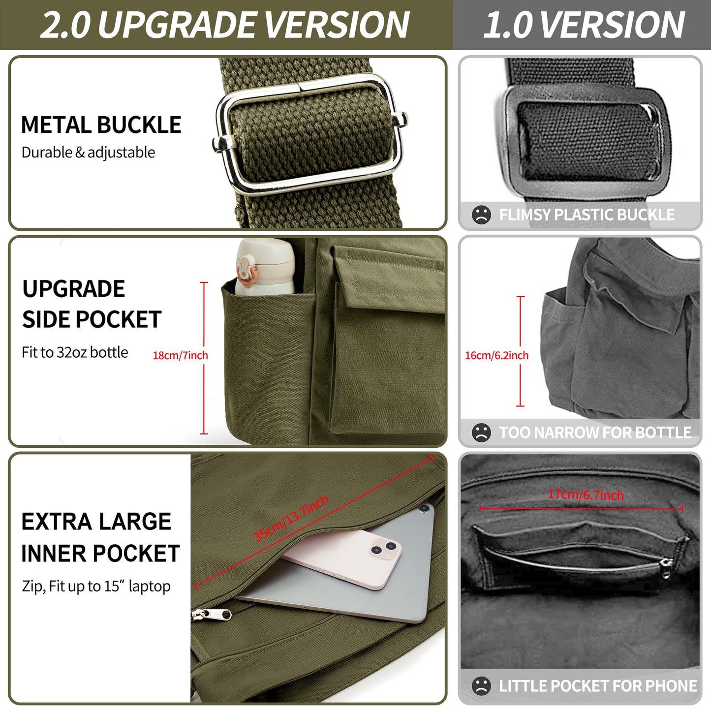 KALIDI Canvas Tote Messenger Bag with Pockets, Large Crossbody Bags for Women or Men, Casual Canvas Shoulder Bag for College Work Travel Daily, Army Green