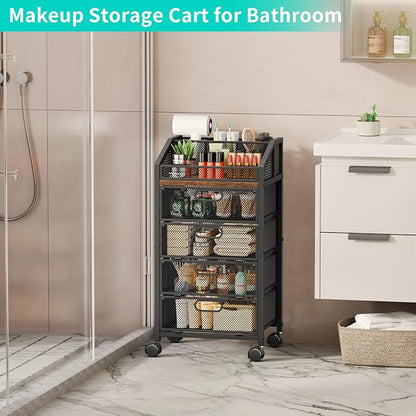 HapiRm Rolling Makeup Organizer Cart- Under Desk Vanity Storage with 4 Drawers, Floor Nail Cart Skincare Organizers Cosmetics Display Cases for Nail Polish Perfume Makeup Brush Hair Tool, Black