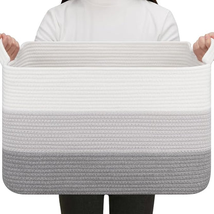 OIAHOMY Rectangle Woven Storage Basket - Nursery Cotton Rope Baskets for Storage, Toy Basket Organizing for Living Room, 17.7"x13.8"x11"- Pack of 3 - Gradient Gray