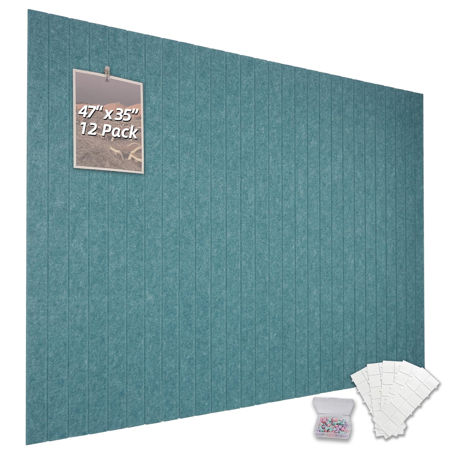 TENACR Cork Board Alternative-Felt Slat Wall Paneling,Office Bulletin Board for Decoration, Suitable for Displaying Photos and Documents, with Removable Adhesive Labels,12-Pack (Peacock Blue)