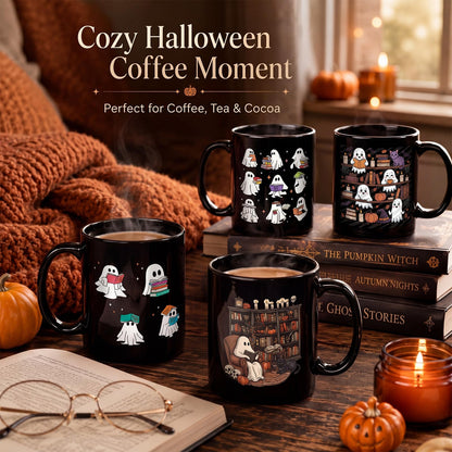Potchen 4 Pack 12 oz Halloween Coffee Mug Book Lover Coffee Mugs Dishwasher Microwave Safe Porcelain Bookworm Cups Bookish Gifts for Man Women(Ghost Style)