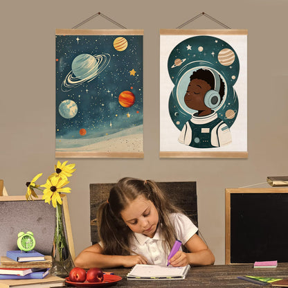ZTGDA Solar System & Astronaut Wall Art Set of 2, Space Poster with Wood Hanger, Universe Theme Kids Room Decor for Boys and Girls, Classroom or Nursery Wall Display, 12x16 Inch(Space travel-01)