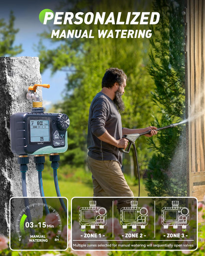 RAINPOINT 3 Zone Water Timer with Brass Inlet & Outlet, 3 Custom Watering Plans Sprinkler Timer, Featuring IP65 Waterproof,Rain Delay, Manual & Automatic Watering with Large LCD for Yard, 2026 Ver.