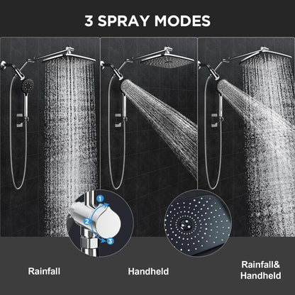 Veken Wide High Pressure Rain Shower Head with Handheld, Handheld Shower Heads with Multi Spray Modes, Rainfall Combo with 15" Metal Extension Arm,Detachable Dual Shower, Bathroom Decor,Chrome Silver