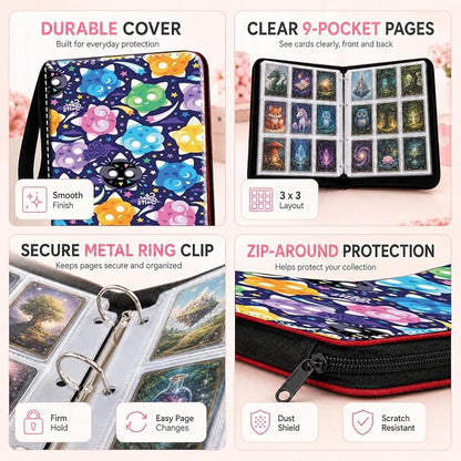 1008 Cute Card Binder 9 Pocket, 3-Ring Trading Card Binder with 56 Page Removable Sleeves, High Storage Waterproof Trading Card Holder Collection Card Album Organizer Case for TCG Cards - Cute