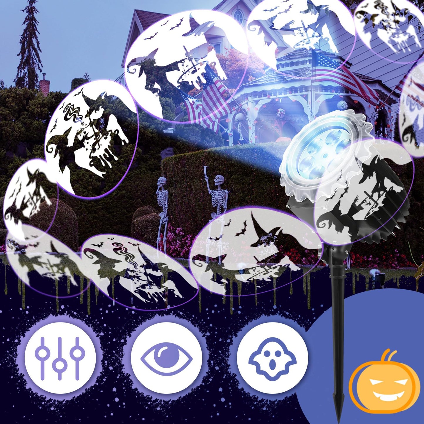 Lingvee Halloween Projector Light with 1 Film Slides Holiday LED Projector Lights Outdoor Reflectors Waterproof Landscape Decorative Rotation Lighting Movement Projection Lamp(Witches Poison)