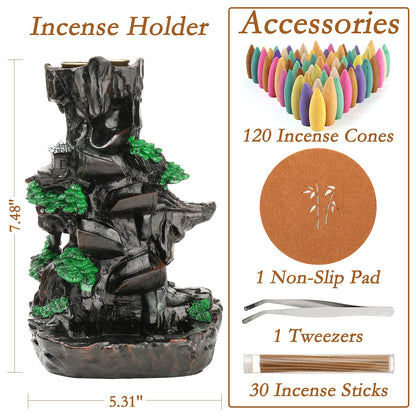 Jueison Dual Sided Mountain Backflow Incense Burner Resin Waterfall Incense Holders Cone Stick Holder with 120 Incense Cones + 30 Incense Sticks + 1 Mat + 1 Tweezers for Home Office Decor Gift