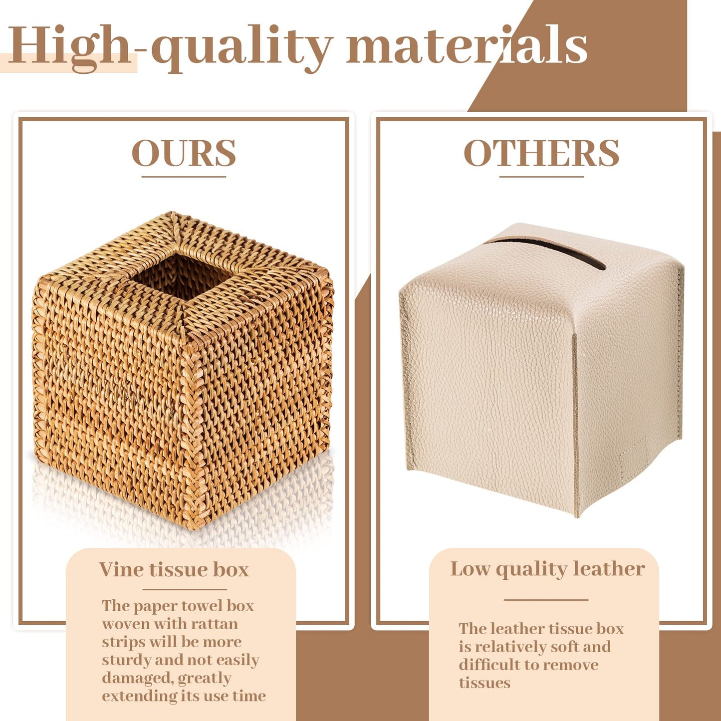 Kigley 2 Pcs Square Rattan Tissue Box Cover Boho Wicker Tissue Cube Box Cover 5.5'' x 5.5'' x 5.5'' Decorative Natural Wicker Hand Woven Napkin Box Holder Bathroom Office Car Accessories (Wood)