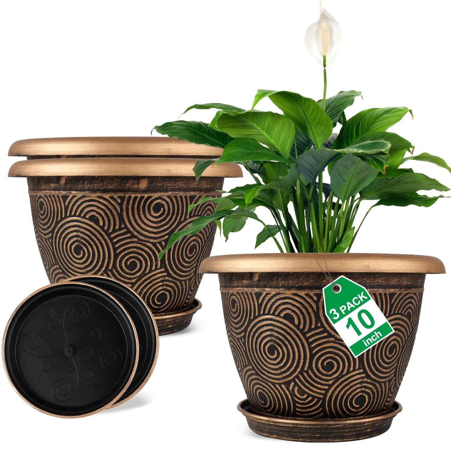 Fodetyff 10 Inch Flower Pots Planters for Indoor Outdoor Plants, 3 Pack Plastic Large Plant Pots with Drainage Hole & Tray, Modern Decorative Garden Pot with Saucer, Plant Container for House