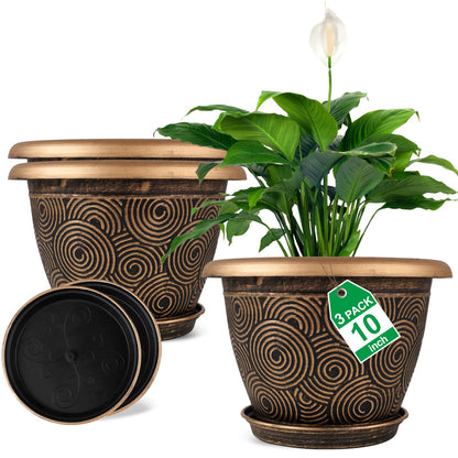 Fodetyff 10 Inch Flower Pots Planters for Indoor Outdoor Plants, 3 Pack Plastic Large Plant Pots with Drainage Hole & Tray, Modern Decorative Garden Pot with Saucer, Plant Container for House