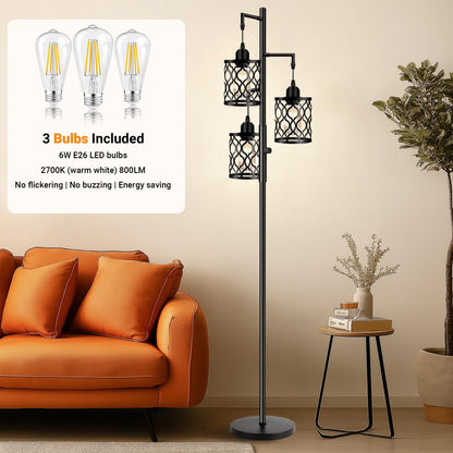 ROTTOGOON Dimmable Farmhouse Floor Lamp, Industrial Floor Lamp for Living Room with 3 X 6W LED Bulbs, 3 Light Rustic Standing Tall Lamp for Bedroom, Office, 68"