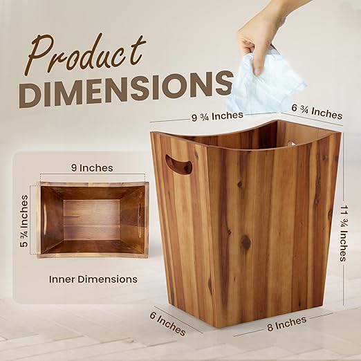 Tidita 2 Gallon Acacia Wooden Wastebasket, Non-Slip Trash Can, Open Top | Acacia Wood, Compact Size, Non-slip Pads, Integrated Side Handles, Open Top, Natural Acacia Color, Multiple Purpose Storage