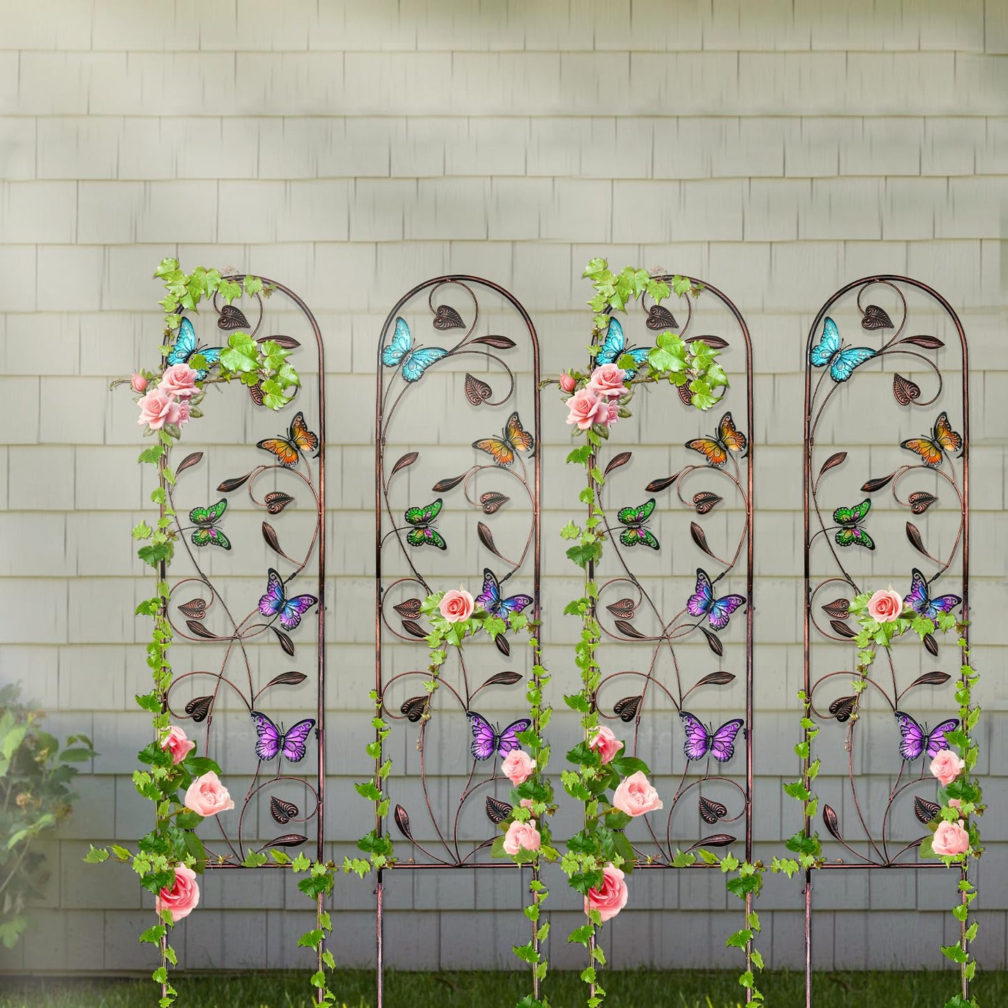 aboxoo Set of 4 Packs Butterfly Metal Garden Trellis for Climbing Plants,Outdoor Decorative Flowers Arch Fence Trellis for Outdoor Patio,Garden,Lawn,Yard,Backyard,Wall Brackets,60'' H x 11'' W