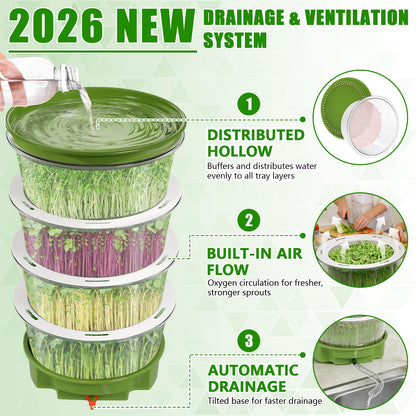 4-Tier Sprouts Growing Kit with Drain Hose & Ventilation Holes, Stackable Microgreens Growing Sprouting Trays Including Blackout Cover, Soil-Free Sprouter for Planting Broccoli Alfalfa Bean Seeds