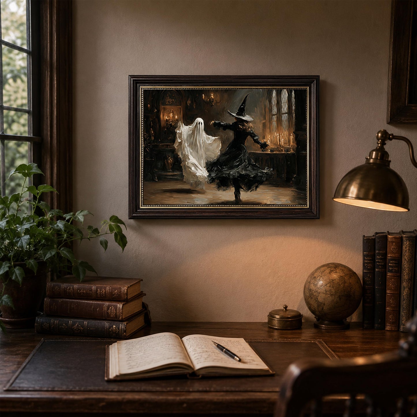 Vbaourut Framed Halloween Wall Art, Dancing Witch and Ghost Canvas Painting, Vintage Gothic Poster with Dark Brown Frame and Upgraded Hook and Loop for Living Room, 12x16 in