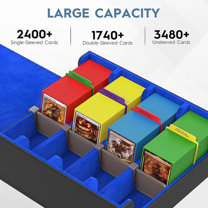 Trading Card Storage Box, 3200+ MTG Card Storage, 4 Row TCG Card Organizer Box with 24 Colorful Dividers and 4 Stands, Bulk PKM Storage, Deck Case Holder Fits for YuGiOh, Game Cards (Black & Blue)