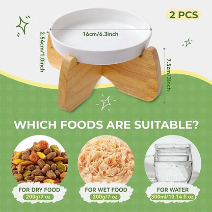 Raised Ceramic Cat Bowl 6.3" Wide Shallow Flat Bottom (2 Pack) | Neck Protective, Anti Whisker Fatigue, Anti Vomit, Dishwasher Safe, For Dry and Wet Food, For Kittens & Seniors