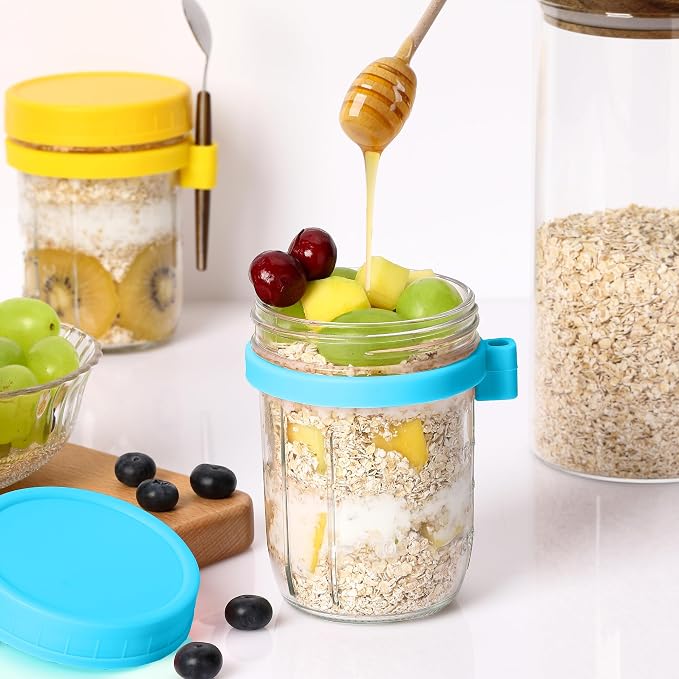 16oz Glass Mason Overnight Oats Jars, Cereal, Yogurt, Salad Lunch,Glass Overnight Oats Containers with Lids and Spoon, Container with Measurement Marks - (Blue-2Pcs)