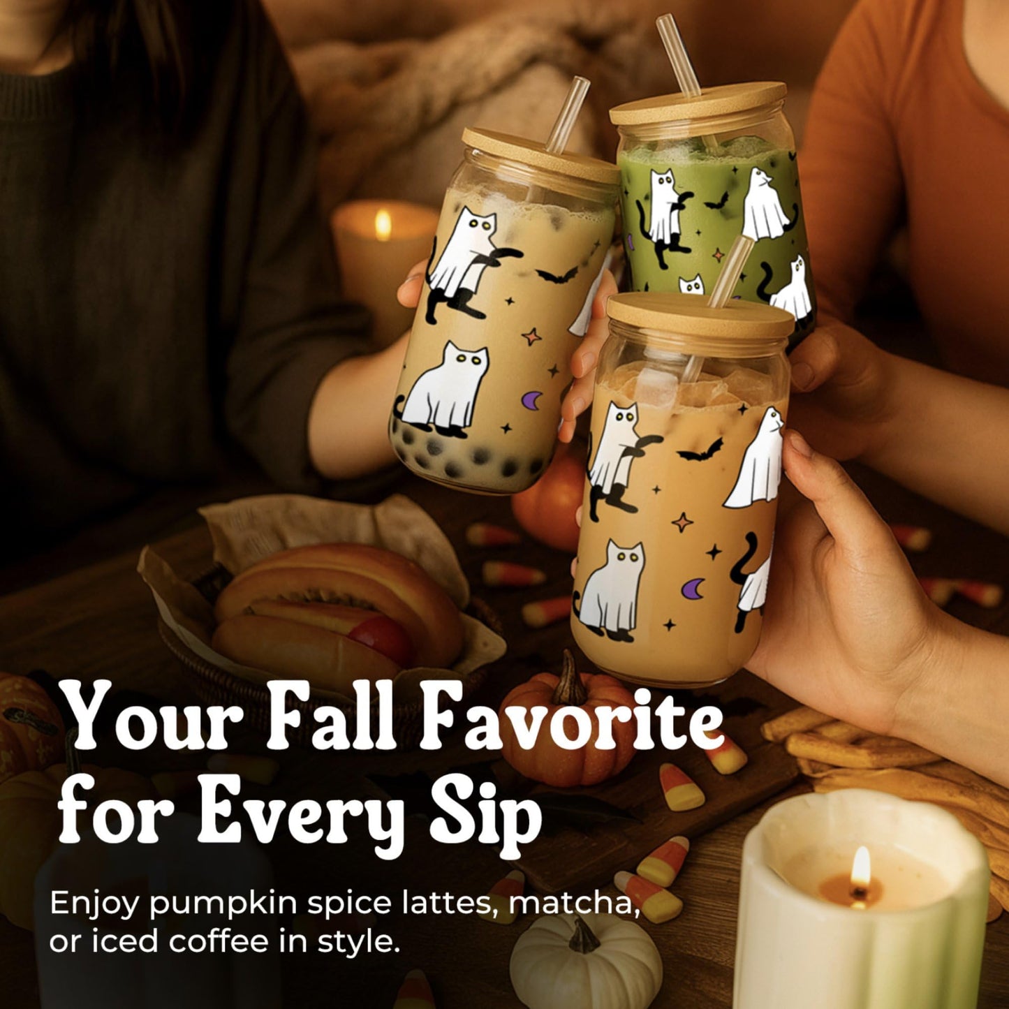 Halloween Ghost Cat Cups - Cute Halloween Gifts Spooky Boo Basket Stuffers for Women Teens Boy Girls Kids - 16oz Glass Iced Coffee Cup w/ Lids and Straw - Ideal for Trick or Treat Party Favors Decor