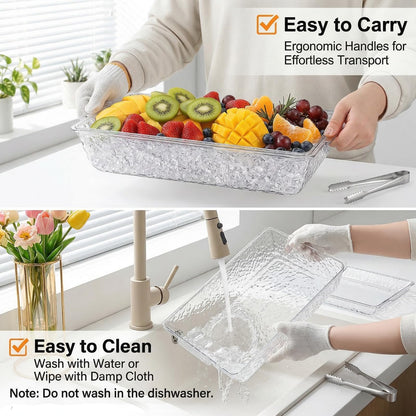 ZENFUN 2 Pack Ice Chilled Serving Tray, Plastic Chilled Party Platter for Fruit, Veggie Trays Large Removable Serving Tray for Cold Dish, Ideal for Appetizers, Seafood, Desserts, Charcuterie Board