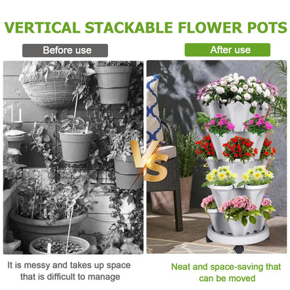 Bociks Vertical Strawberry Planter 7 Tier Stackable Tower Herb Planters-Stacking Garden Outdoor Grey Planter Pot with Tools Mover for Succulents, Vegetables and Flowers