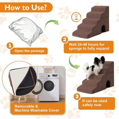Dog Stairs for Bed 23’’ H, 5-Step Dog Steps for High Bed, Foldable Pet Stairs for Small Dogs and Cats to Get on Beds, Couch, Non-Slip Balanced Pet Steps and Ramp with Waterproof Cover, Brown
