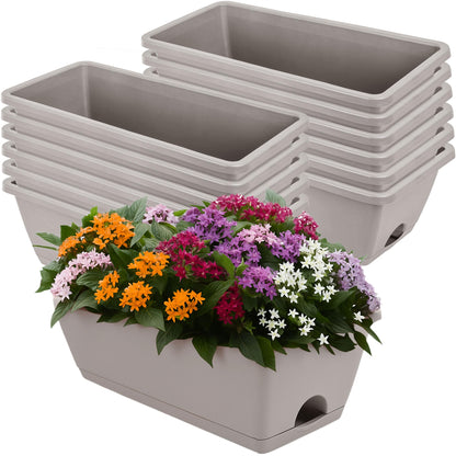 LOCONHA Window Box Planter, Plastic Vegetable Flower Planters Boxes 17 Inches Rectangular Flower Pots with Saucers for Indoor Outdoor Garden, Patio, Home Decor (12, French Grey)