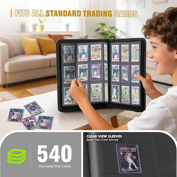 Trading Card Binder, Card Binder 9 Pocket for Trading Cards, Holds 540 Cards, Zippered Premium Card Collection Binder Album for Game Card, Sports Card, Yugioh, MTG (Carbon ash)