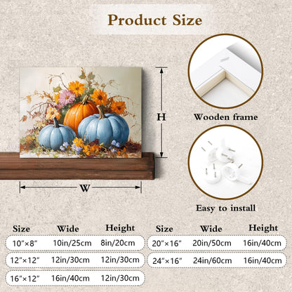 LB Blue and Orange Pumpkin Wall Art for Bathroom Fall Harvest Pumpkin and Plant Orange Floral Canvas Wall Art Thanksgiving Autumn Framed Wall Decor for Living Room Bedroom Ready to Hanging 16x12 Inch