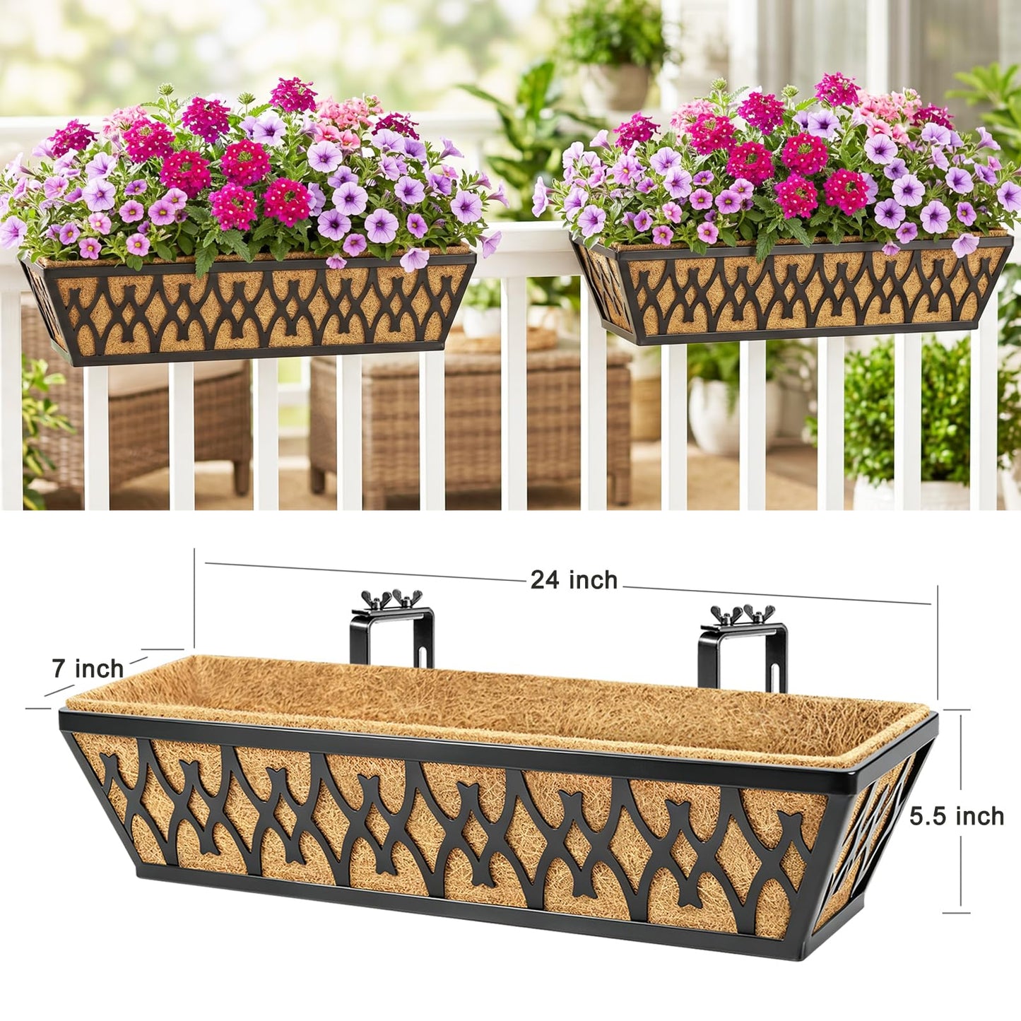 Karlliu 2 Pack 24 Inch Window Boxes Planters Railing Planter Box with Adjustable Brackets for Porch Fence Patio Balcony Hanging Flower Baskets with Coco Liners for Outdoor Garden Décor - Black