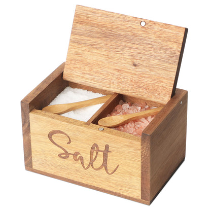 Acacia Wood Spice Box with Lid and Built-in Spoon for Kitchen Countertop, Rectangle Farmhouse Kitchen Decoror for Storing Salt, Peppers, Sugar or Seasonings, Brown (Labeled - “Salt”)
