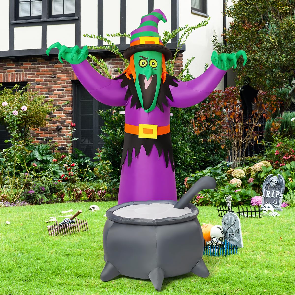 COMIN 6FT Halloween Inflatables Animated Witch Waving Hands Blow Up Outdoor Yard Decorations Garden Lawn Decor