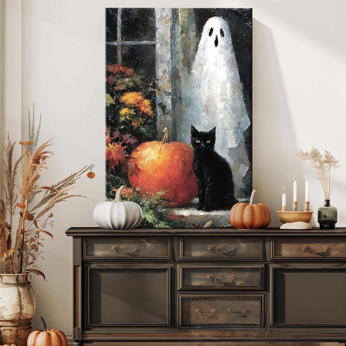 Horror Ghost Canvas Wall Art,Halloween Black Cat Poster Print,Dark Academia Wall Decor For Home Bedroom Living Room 12X18 in Unframed