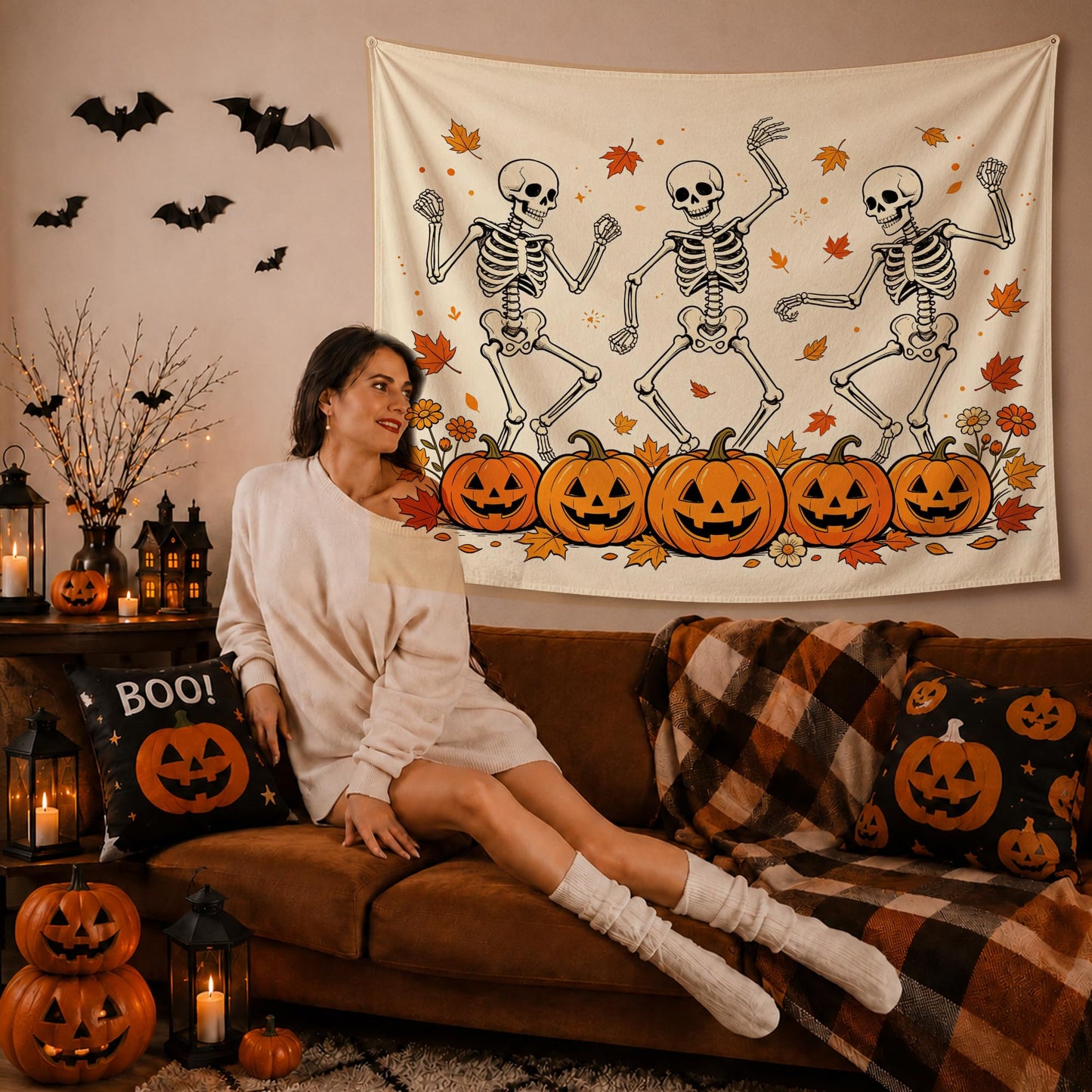 YTRG Fall Halloween Skeleton Tapestry, Gothic Halloween Tapestries Wall Hanging for Bedroom, Funny Dancing Skeleton Fall Pumpkin Tapestry Wall Decor Backdrop for Living Room Home, 50x60 Inch
