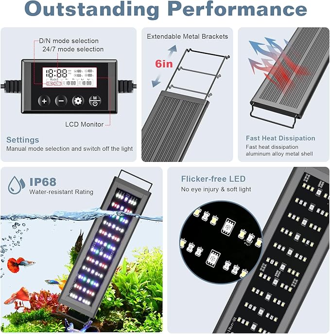 LED Aquarium Light Full Spectrum Fish Tank Light with RGB Brightness/Color Stepless Adjustment, 24/7 Day-Night Cycle Mode, Auto On/Off Timer, IP68 Waterproof (11W for 11'' - 16'' Tank)