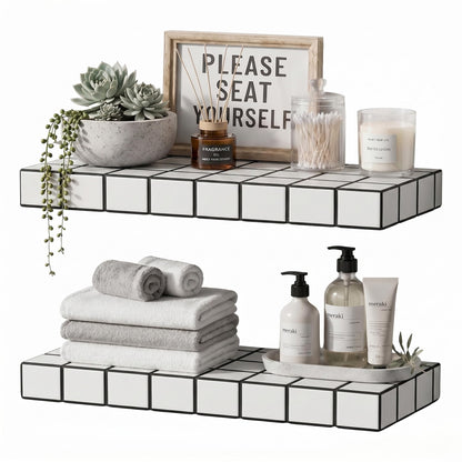 ZttRiee Floating Shelves, Set of 2, 15.7" W, White Frame Black Lines