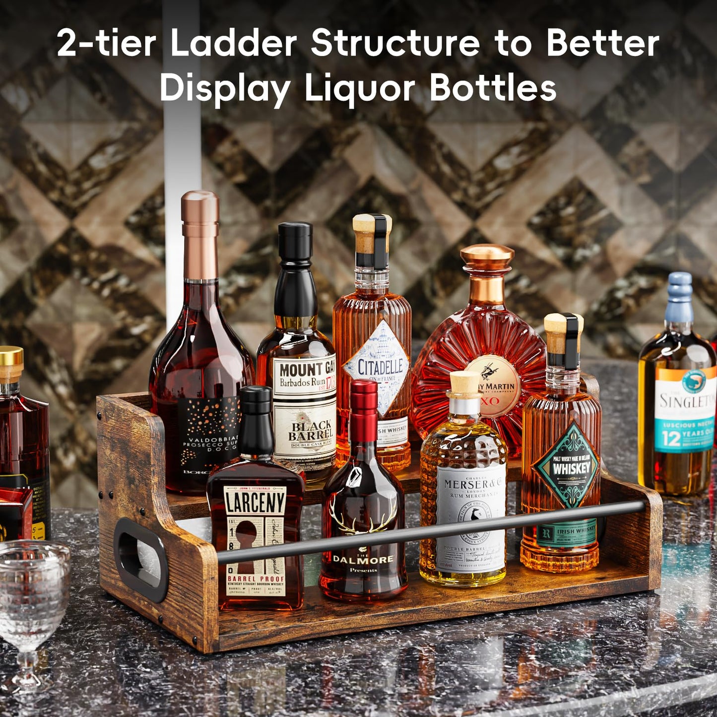 KLM Liquor Bottle Display Shelf, Coffee Syrup Rack Organizer, 2 Step Countertop Liquor Wine Rack, mini bar,Liquor Cabinet, Home Retro Bar Shelf Stand for Liquor Whiskey, Spirits, Brown