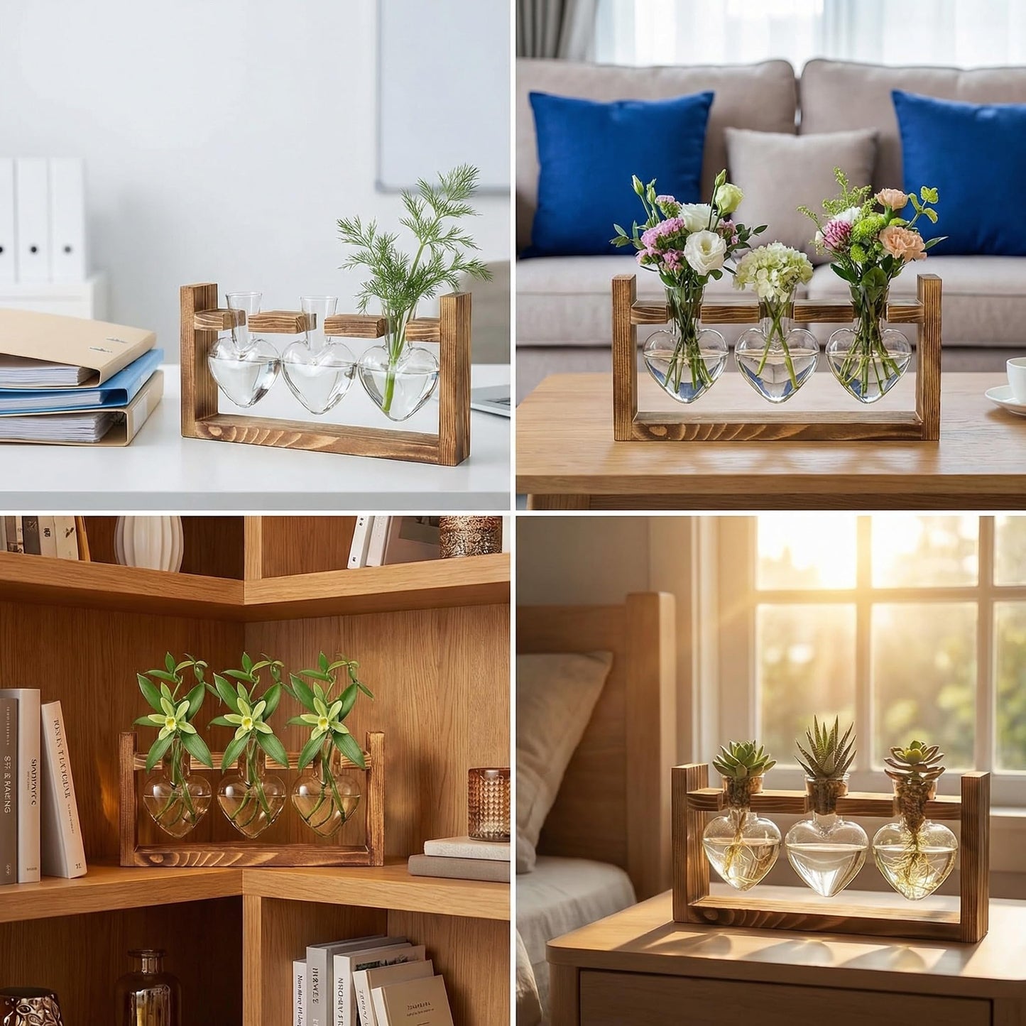 Plant Propagation Station 3Pcs Heart Vase with Wooden Stand Tabletop for Hydroponics Indoor Home Table Decor for Her Plant Lovers Women Mom Wife Daughter (Green)