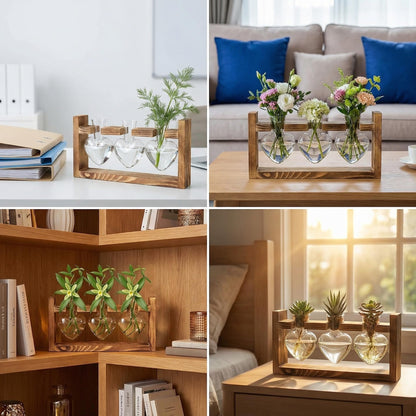 Plant Propagation Station 3Pcs Heart Vase with Wooden Stand Tabletop for Hydroponics Indoor Home Table Decor for Her Plant Lovers Women Mom Wife Daughter (Green)