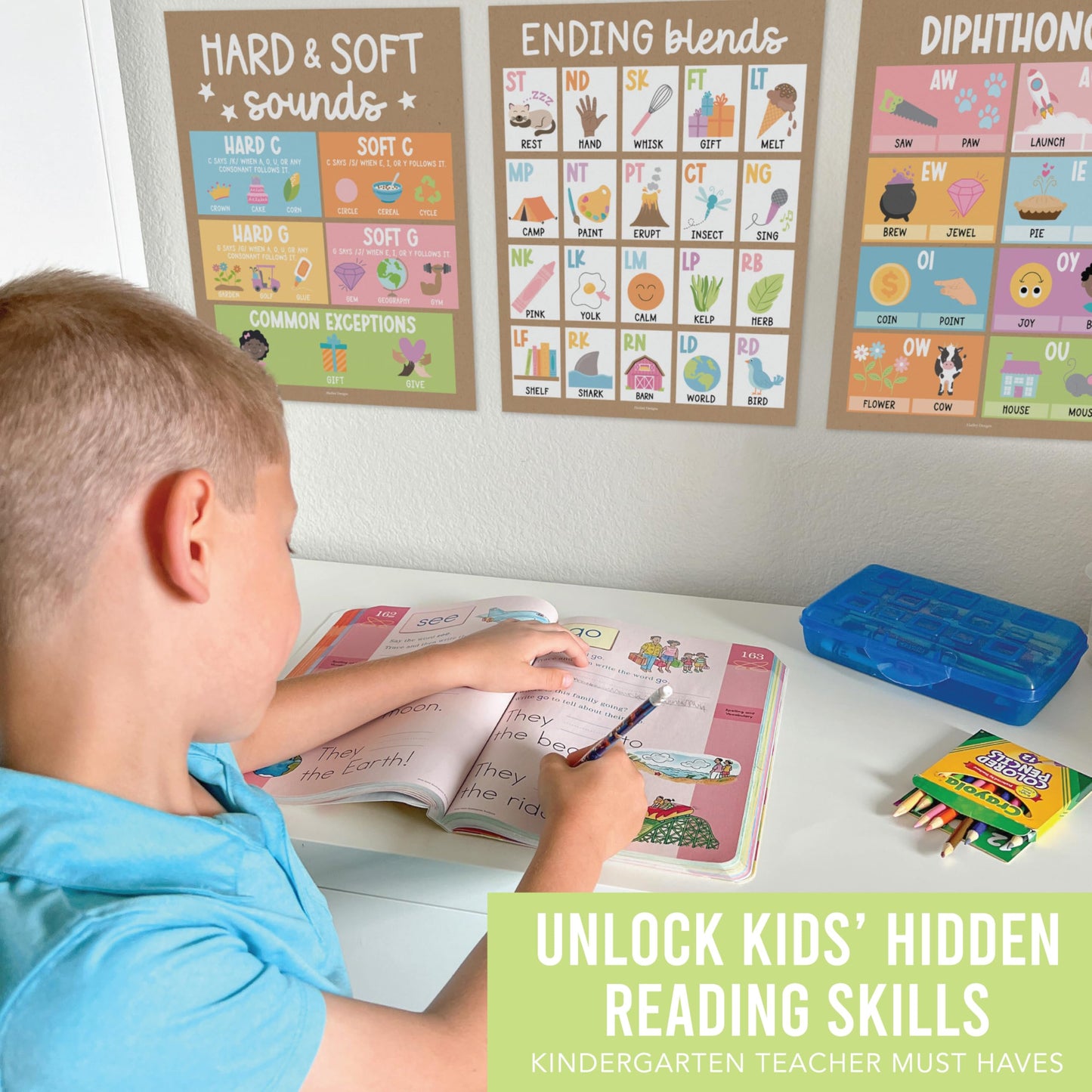 Hadley Designs Phonics Posters for Classroom Must Haves - 9 Sound Wall for Kindergarten & Elementary Teacher Supplies, Syllable, Vowels, Digraphs & Blends Bulletin Board Set, Kraft Classrom Decor